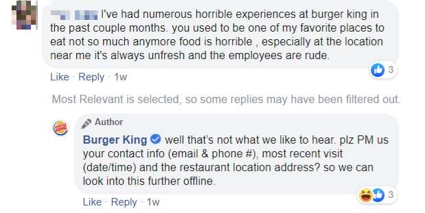 Customer complaining about Burger King's service on Facebook