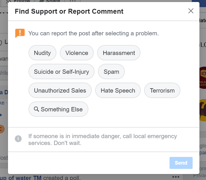 Using Facebook Support to report a comment