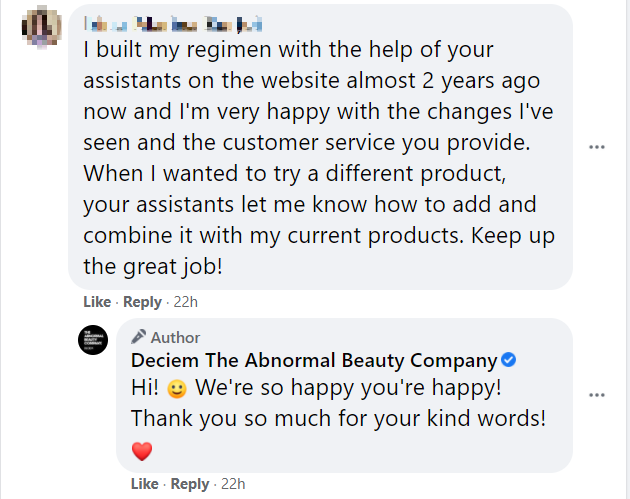 Deciem responding to positive feedback about their products and services over Facebook