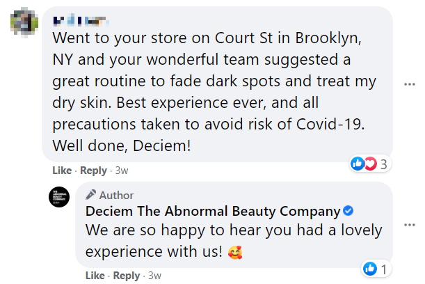 Deciem responding to positive feedback from fans on Facebook