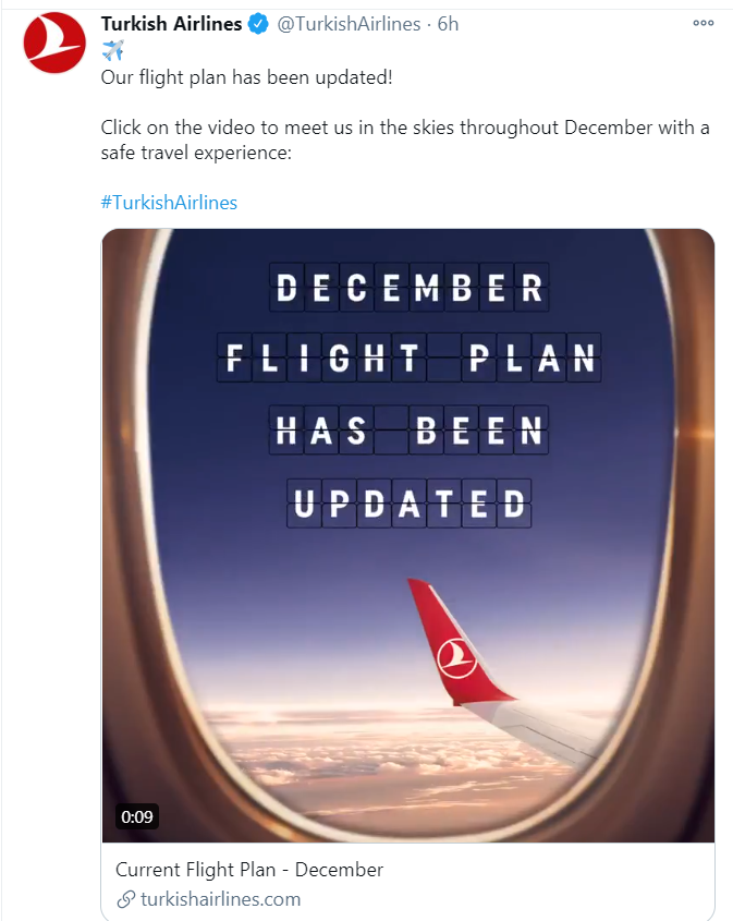 Turkish Airlines tweet about December flight plan
