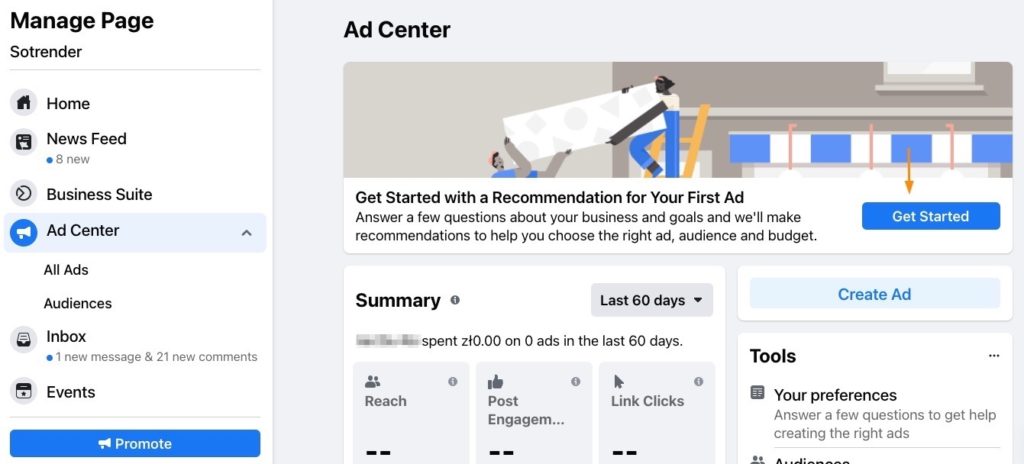 get started facebook ad center