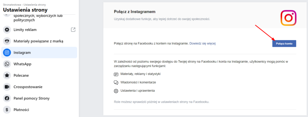 połączenie strony na Facebooku z Instagramem