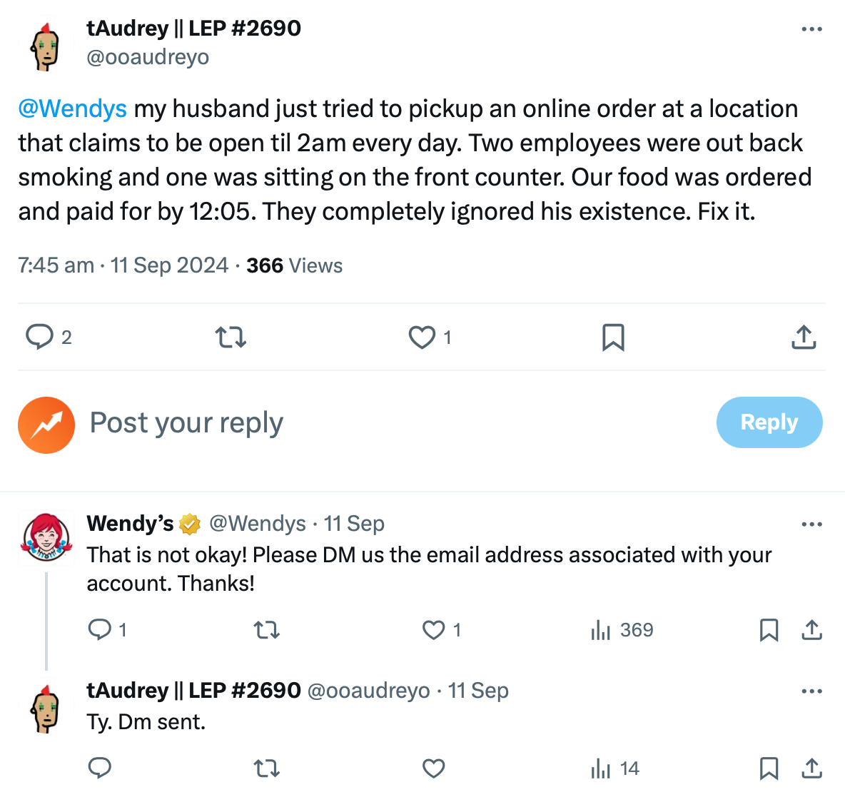 Wendy's customer service on X