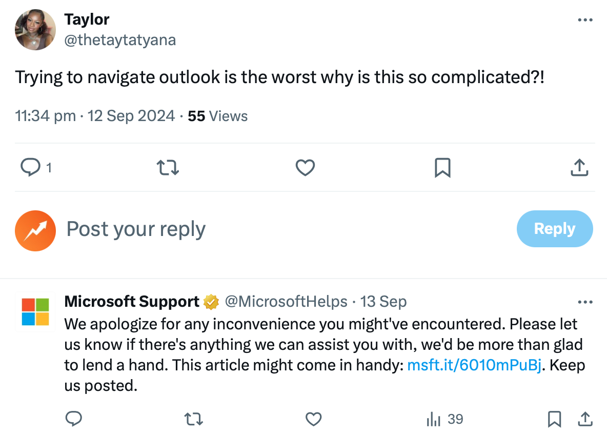 Microsoft social media customer service on X