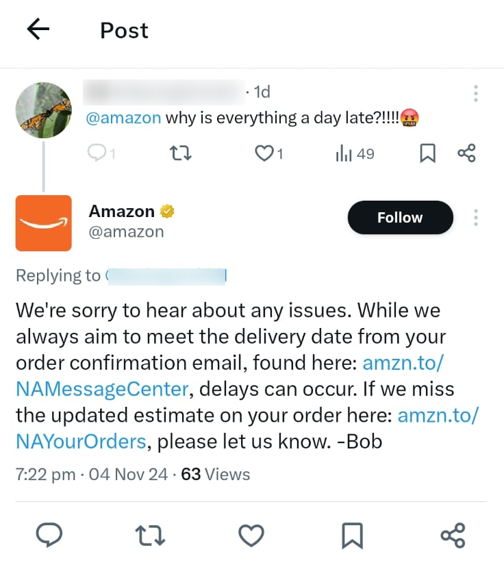 Amazon social media customer service