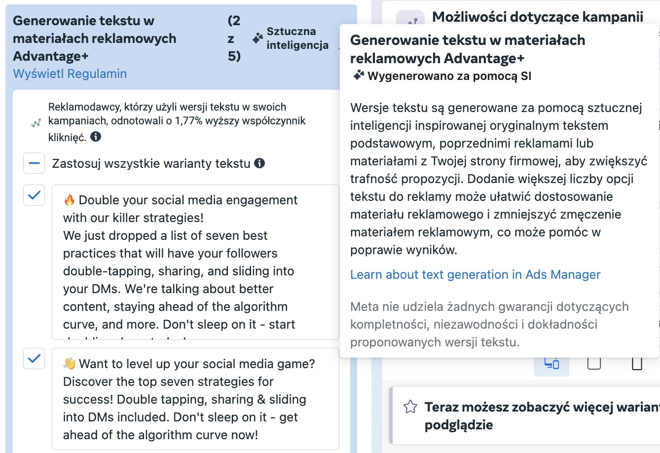 generowanie tekstu do reklamy przez AI na Facebooku