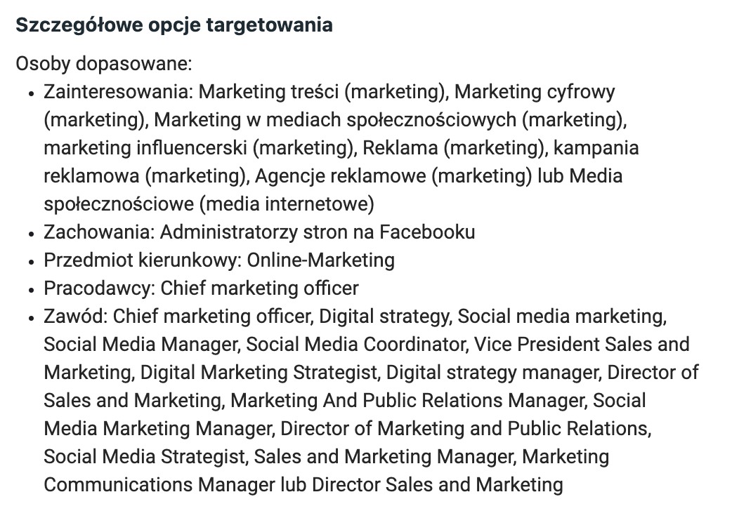 szczegółowe opcje targetowania