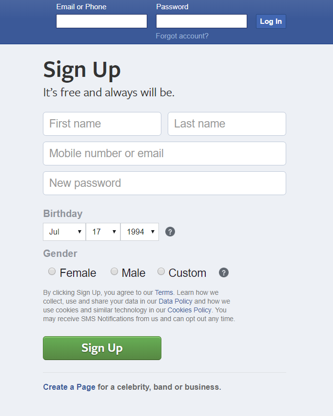 facebook sign up or log in